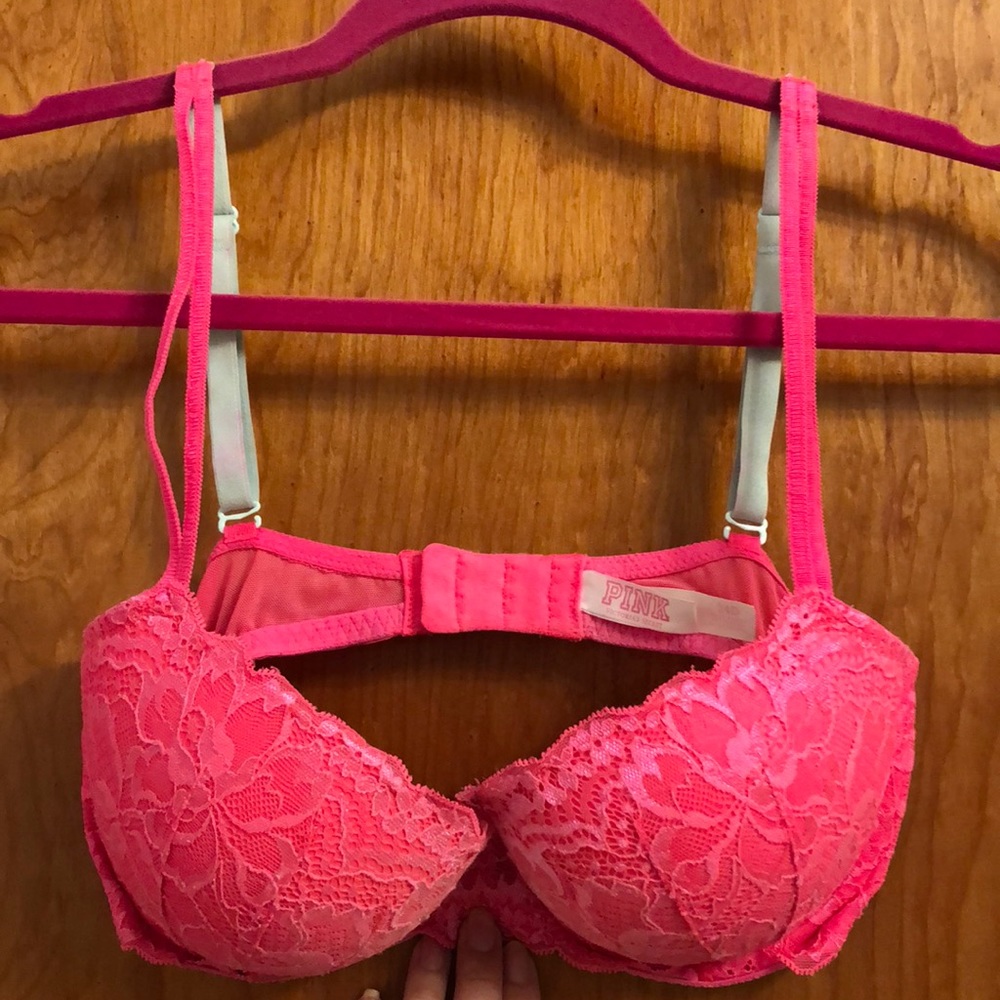 Victoria’s Secret pink floral lace mint strap bra